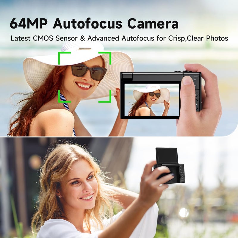 TZZPL 4K Digital Camera for Photography, 64MP Vlogging Video Camera for YouTube with 3'' 180°Flip Screen, 64GB Micro SD Card, 16x Digital Zoom Point Shoot Compact Travel Vintage Cameras (Black) - Image 4